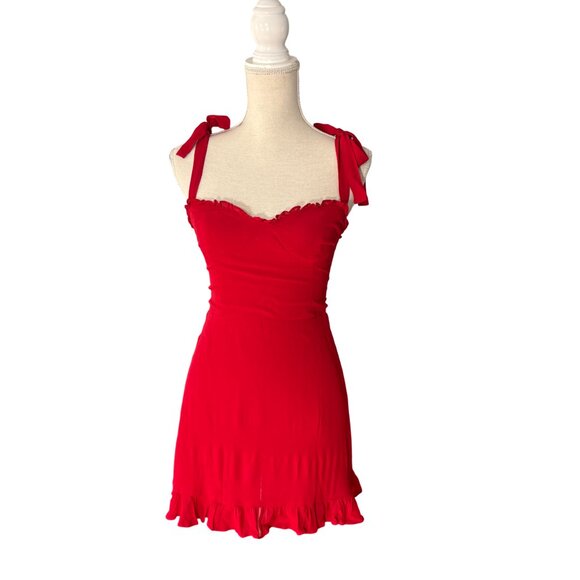 Reformation Christine Mini Ruffle Dress in Lipstick Red size 4 S XS tie straps - Picture 4 of 11